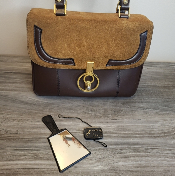 Vintage Foka Of Spain Two Tone Brown Suede & Leather Top Handle Bag MCM - Picture 10 of 12